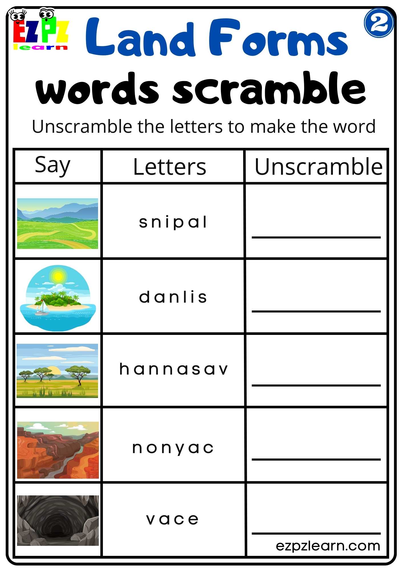 Land and water forms word scramble activity free pdf download set 2